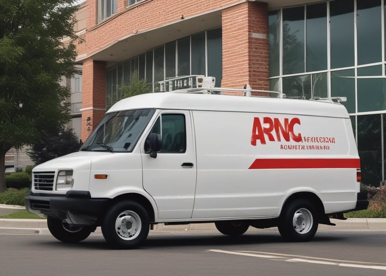 A delivery van parked outside a medical facility.