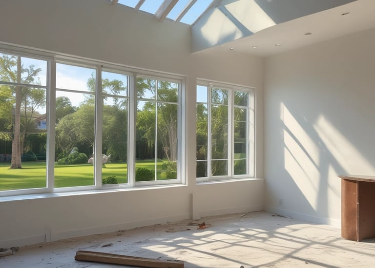 A house under construction with visible framing and insulation wrap. The structure is partially covered with a green guard barrier and has several large windows installed and some stacked in front. Construction materials and debris are scattered in the foreground.