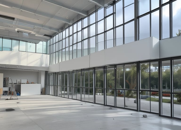 A construction site with an archway framed in DensGlass sheathing panels. There is a large plywood board partially covering the entrance. Construction materials, including a metal container and drywall, are scattered around.