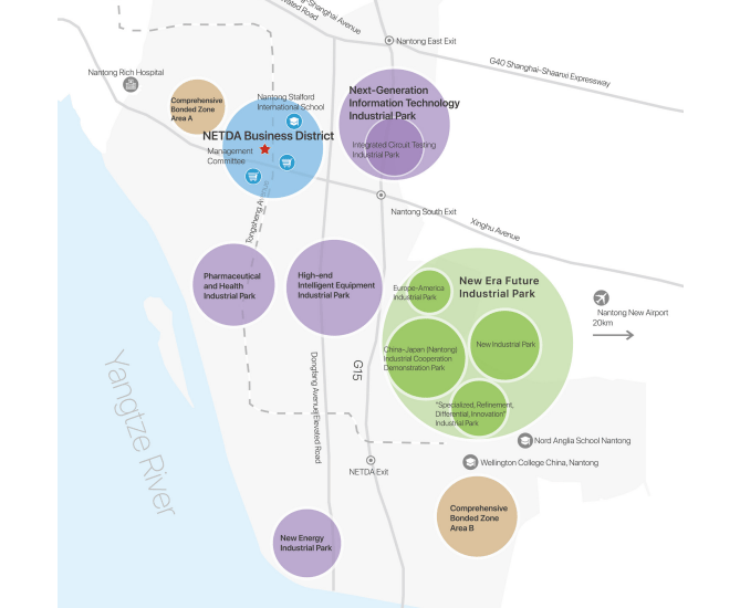 A detailed industrial map of NETDA Business District and New Era Future Industrial Park in Nantong near the Yangtze River.