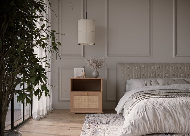 a bedroom with a bed and a plant in the middle of the room