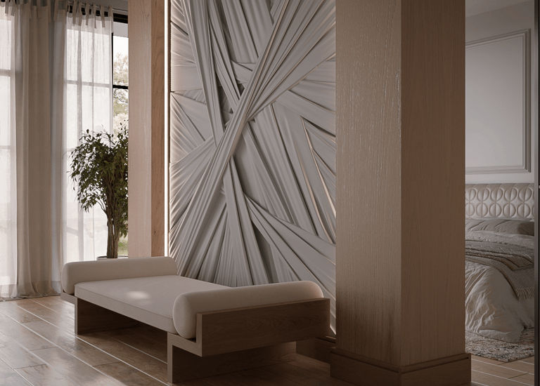 a couch with a large clock on the wall