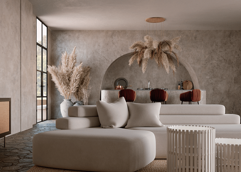 a living room with a couch and a table