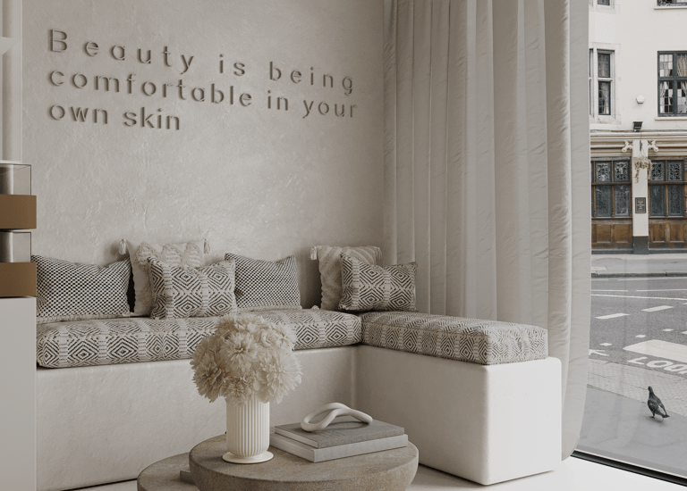 sala espera beauty salon en tonos neutros