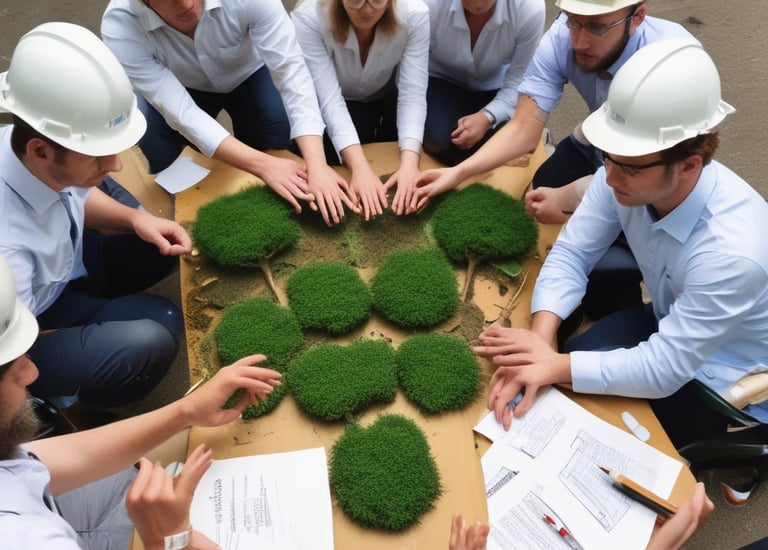 A serene urban landscape featuring high-rise buildings in the background, surrounded by lush greenery and calm water bodies. Solar panels are visible on the banks, indicating a focus on eco-friendly solutions. The area includes paved walkways and well-maintained roads, enhancing accessibility amidst a blend of natural and urban elements.