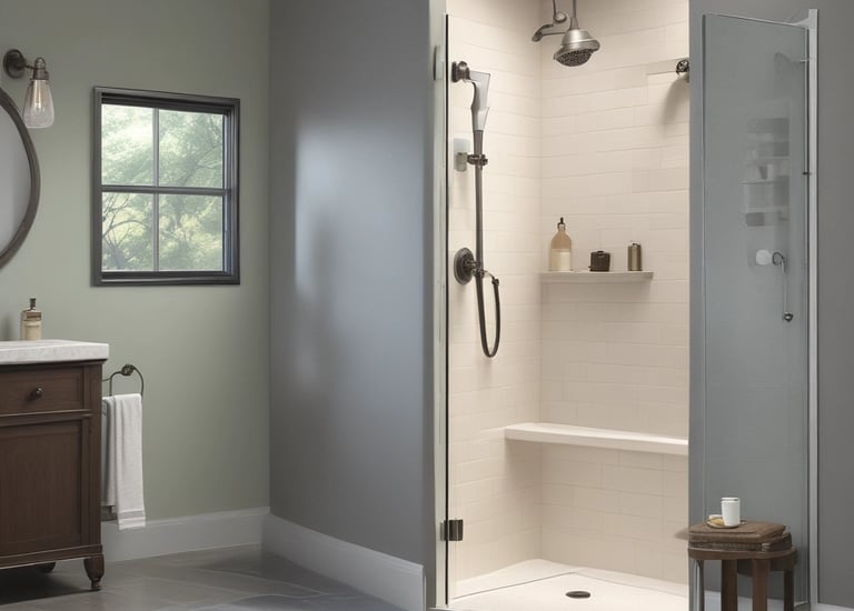 A modern bathroom with marble walls and a sleek, black showerhead. The shower area features built-in niches for toiletries. Outside the shower, there is a circular mirror, a wooden vanity with a white countertop, and a red towel hanging nearby. A wooden bath brush is seen hanging inside the shower enclosure.