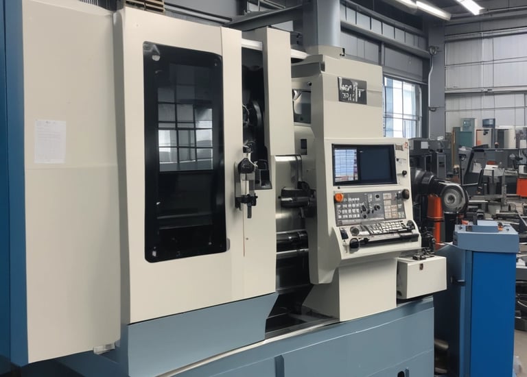 A precision laser cutting machine appears in a workspace, with a laser head marked 'Opt Lasers' actively cutting or engraving material. The machine is mounted on a linear rail system, and the surrounding area is dark, highlighting the blue light emitted by the laser.