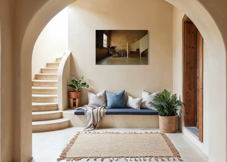 Arched entry with stone staircase, bench, and framed fine art photo above, By ACAT Photos.
