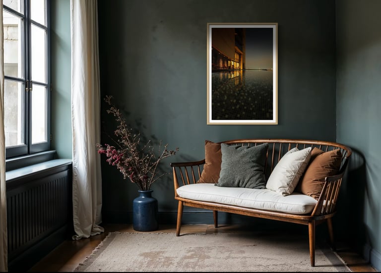 Cozy corner with green wall, sofa bench, and framed fine art photo, By ACAT Photos.