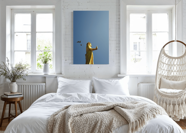 Bright bedroom with rattan chair and framed fine art photo, By ACAT Photos.