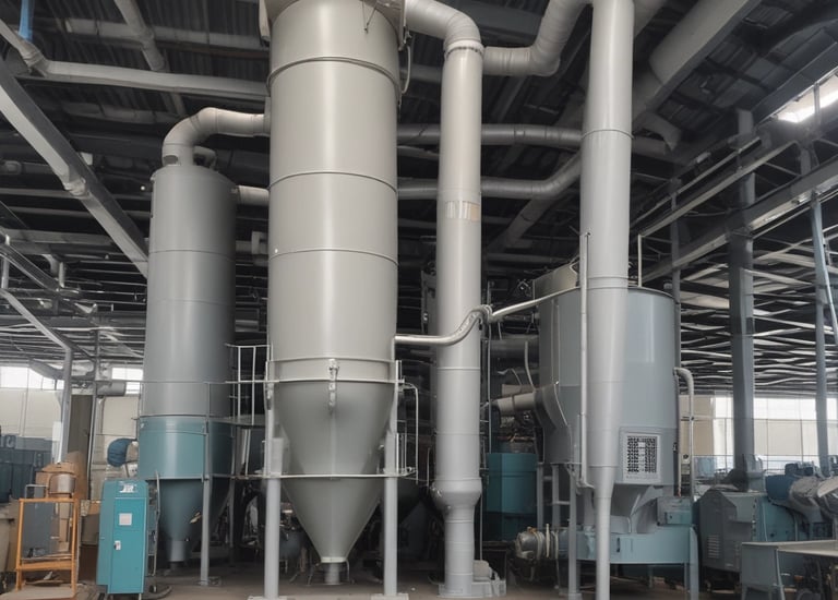 A close-up of an industrial object with a prominent blue casing featuring a yellow lightning bolt symbol. A red cylindrical part is visible below the blue component. The background includes a metallic surface and a distant view of a grassy area with power lines.