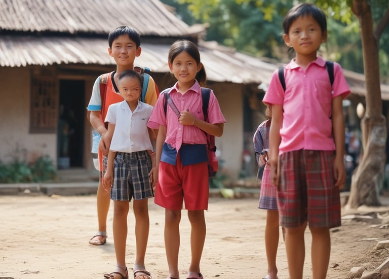 A group of adults and children are standing in front of a colorful two-story school building with balconies and flags. The adults are dressed in formal and traditional attire, and the children are wearing school uniforms.