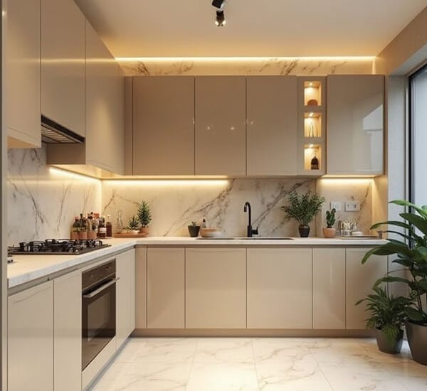 L shaped lacquer kitchen cabinets