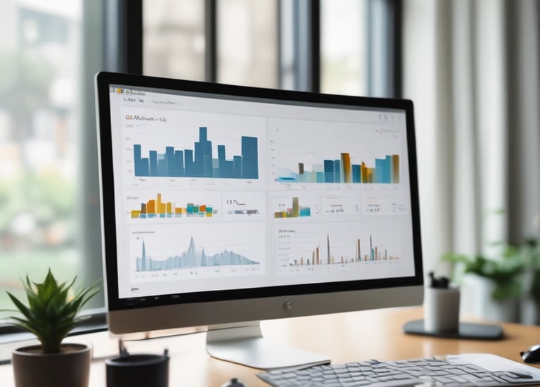 A person holds a smartphone displaying a financial or stock trading app, with detailed graphs and numerical data visible on the screen. In the background, there is a blurred computer monitor and office setting, suggesting a work environment.