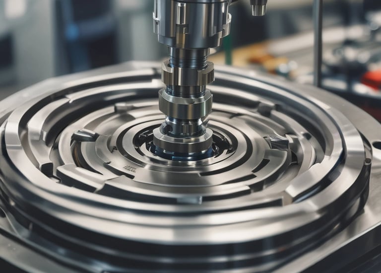 A detailed view of a polished metal component, likely part of an engine or machinery, with various interconnected parts and tubes. The metallic surfaces are shiny and reflect light, creating a smooth and industrial aesthetic.