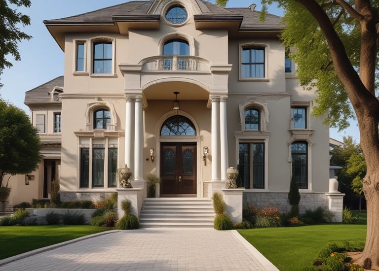 A white house with steep rooflines partially obscured by leafless trees in the foreground. The trees cast intricate shadows on the facade, which contrasts against a clear blue sky. A fence runs along the side of the path leading up to the house, bordered by dried foliage.
