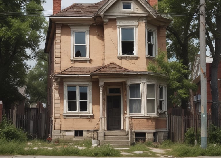 A damaged house is surrounded by a tall black fence with visible tarps and a collapsed roof. The foreground shows a concrete driveway bordered by patches of green grass. In the background, lush green trees stand against a clear blue sky.