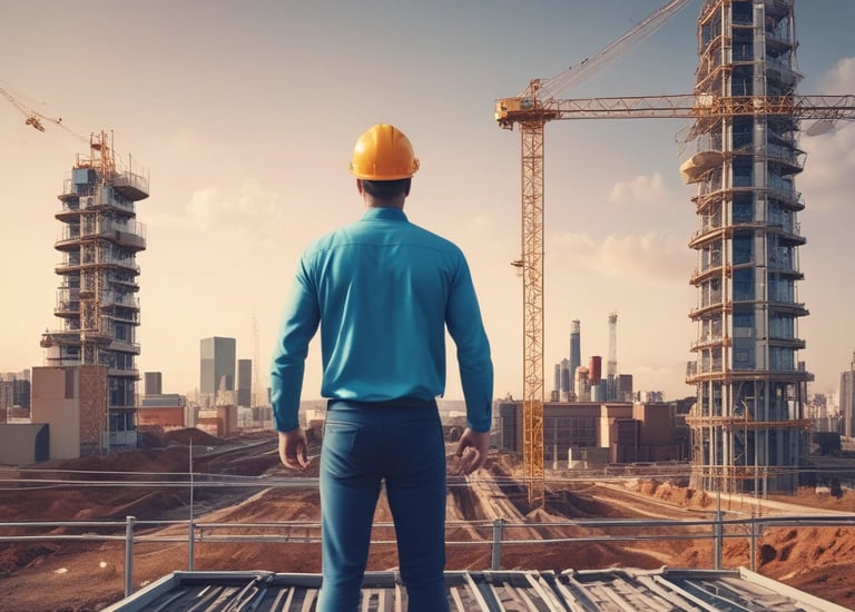 An urban construction area with a sign displaying 'Brookfield Multiplex' on a black background. A truck is visible on the street with orange safety barriers nearby. Skyscrapers and other buildings can be seen in the background.