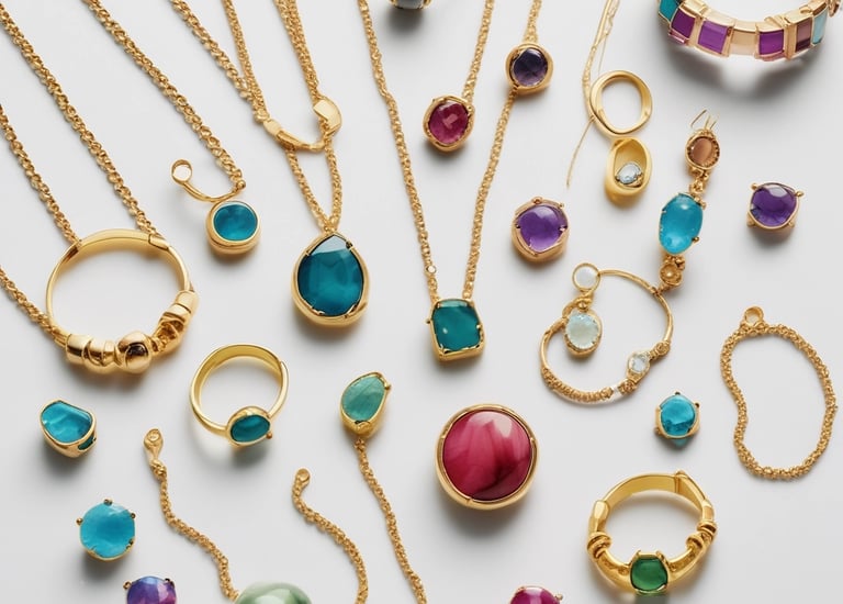 A gold ring adorned with multiple gemstones sits on a flat surface. The stones come in various shapes and colors, including red, blue, green, and clear, set within the band