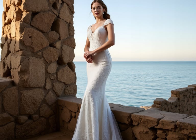 a woman in a white dress standing in front of a stone wall