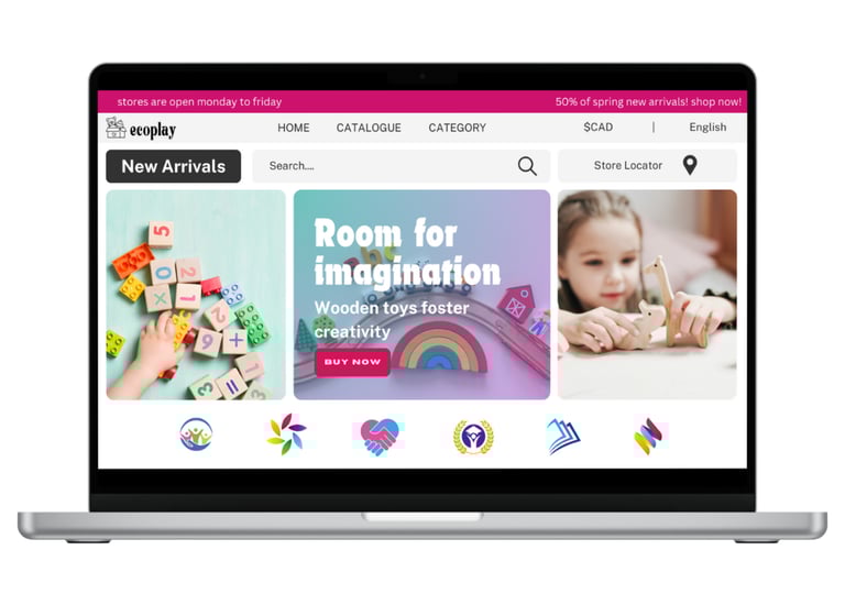 a picture of a laptop displaying a website called ecoplay. it has a bento layout and pink styling