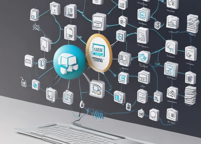 A small, white humanoid robot with blue accents, including eyes, mouth, and a circular badge with the letters 'AI' on its chest, is positioned in front of a blue laptop on a metallic surface. The robot has a simple, smooth design with two cylindrical arms and a small antenna on top.