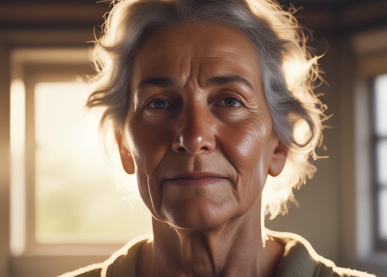 A person with a cane walks down a corridor with arches, while several people lie on the floor, resting against the walls. The setting appears to be serene yet somber, with a play of light and shadows.