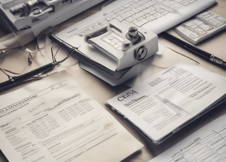A person is sitting on the floor surrounded by tax forms and documents, holding a piece of paper in one hand. There is a smartphone with a calculator app open, and a pen placed on one of the documents.