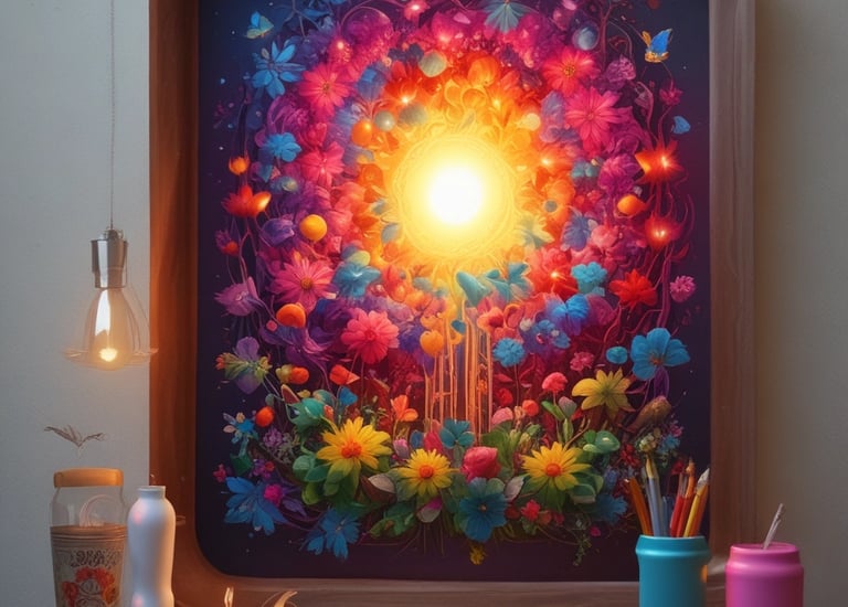 A mannequin is adorned with an elaborate and intricate dress featuring voluminous floral decorations and ribbons. The design includes shimmering elements and textured layers, creating a luxurious and artistic appearance.