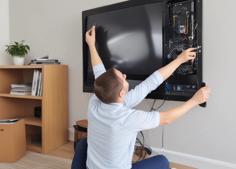 A row of air conditioning units is mounted on the exterior of a large, weathered white wall. The wall features several paintings, including portraits of individuals framed as if they are real windows or pictures. The ground is paved with orange-brown tiles, and the area appears to be an alley or side street with a clear blue sky overhead.