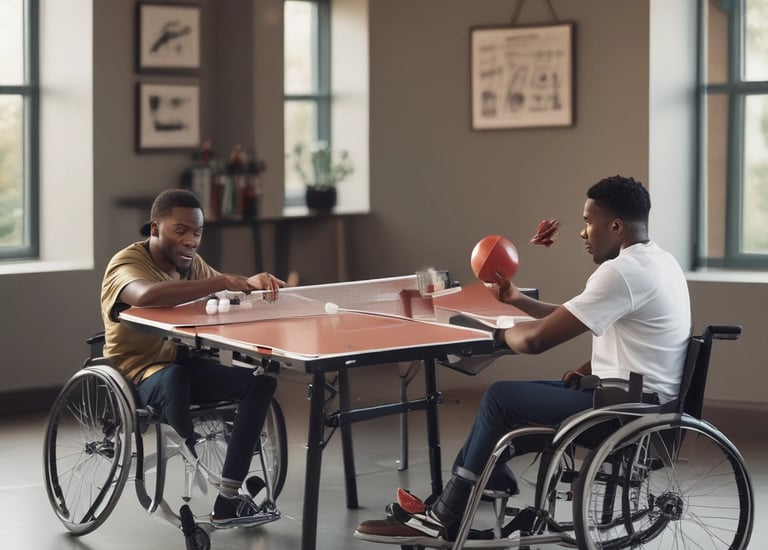 Inside a spacious gymnasium, several people sit on white plastic chairs observing a basketball game. One individual is using a smartphone to record or take pictures while players are in motion on the court. The environment is filled with natural light streaming through large windows, and the walls are decorated with banners.