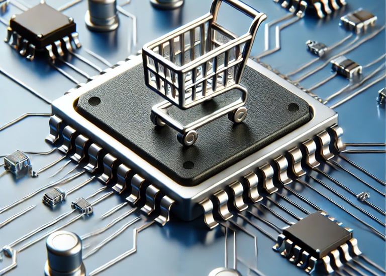 Bir mikroçip üzerinde alışveriş arabası simgesi, elektronik projeler için ihtiyaç duyulan komponentl