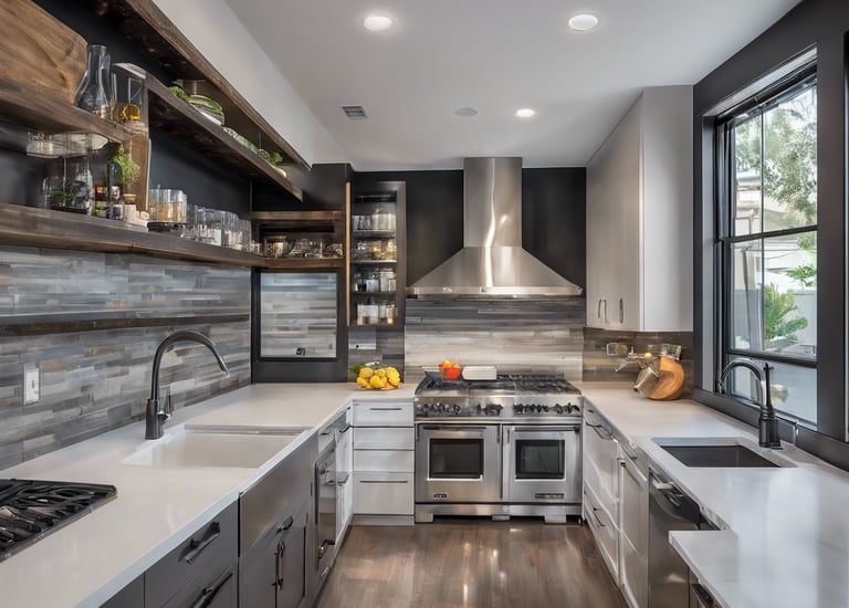 A modern bathroom features large, smooth tiles on the walls and floors, a sleek white countertop with built-in sink and storage cabinets, and a large illuminated mirror. Recessed ceiling lights provide ample illumination, and a walk-in shower with a glass partition is situated at the far end. A window allows natural light to enter, enhancing the minimalist aesthetic.