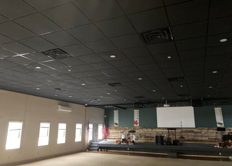 a church with a stage and a stage