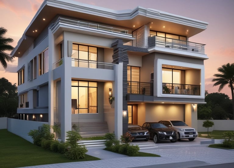 Modern residential building with clean lines and greenery around.