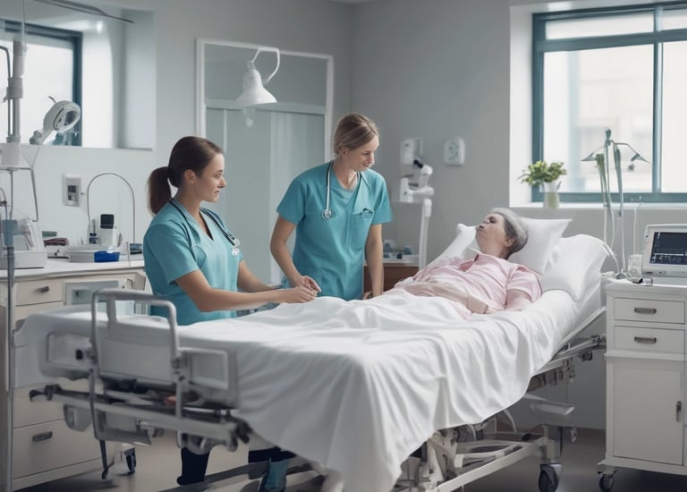 A team of registered nurses collaborating in a hospital ward.