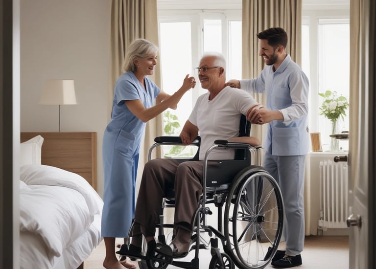 A friendly nurse assisting an elderly patient in a bright, welcoming care home.