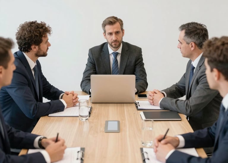 A team of advisors discussing plans around a table with construction models.