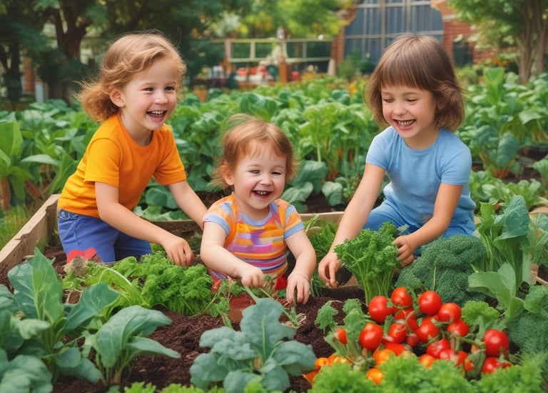 In a well-maintained garden, a variety of green plants and herbs grow in designated plots bordered by concrete edges. A small fountain is at the center, and two people are standing near it, one on each side, smiling. The soil appears rich and well-tended, with different sections showcasing various stages of plant growth.
