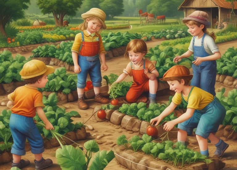 A garden scene featuring a weathered stone pedestal with an ornate design. Leaning against it are three gardening tools, including a shovel and a rake. Next to the pedestal is a green wheelbarrow, partially filled with soil. Behind the setup, lush green foliage creates a dense backdrop, casting a mix of light and shadow on the ground.
