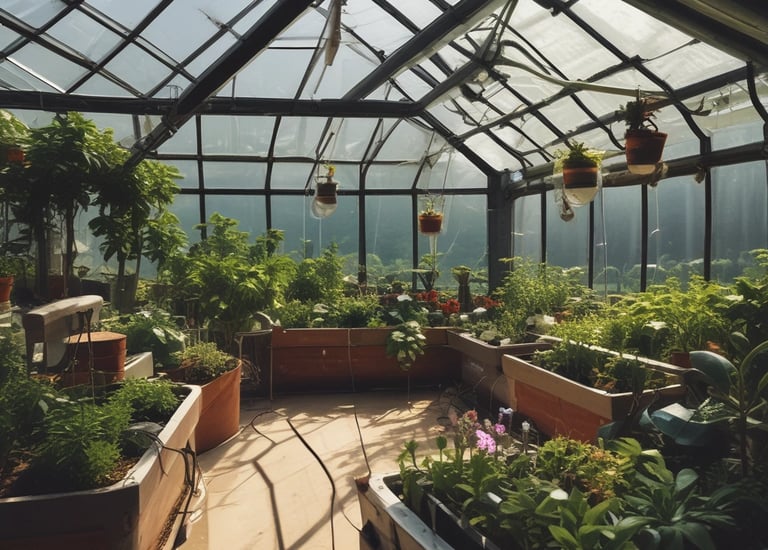 A serene garden setting with multiple greenhouses in the background, surrounded by various plants in raised beds. The sunlight casts a warm glow over the scene, and the garden paths are neatly paved with gravel. Trees and bushes add a sense of lushness, and a small pond is in the foreground reflecting the sky.