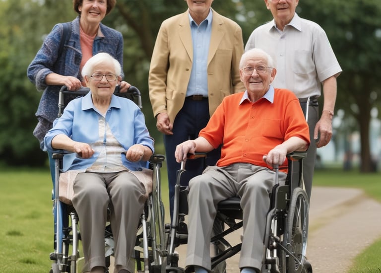 Smiling elderly parents with their adult child in a warm home setting.