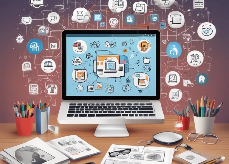 A vibrant graphic showcasing various digital projects.