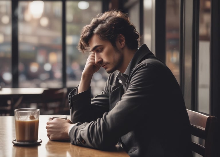 A hopeless romantic man sitting in melancholy at a cafe