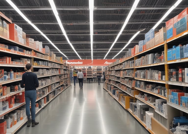 A brick building features multiple windows and a large painted sign advertising a machinery sales company. The sign lists various types of metalworking machinery, including lathes, brakes, milling machines, and more. An external metal staircase runs along the side of the building with some greenery visible at the bottom right.