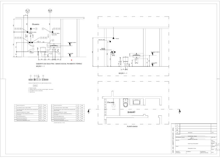 Gabarito de água fria do banheiro térreo, com seções, planta e detalhamento das instalações.