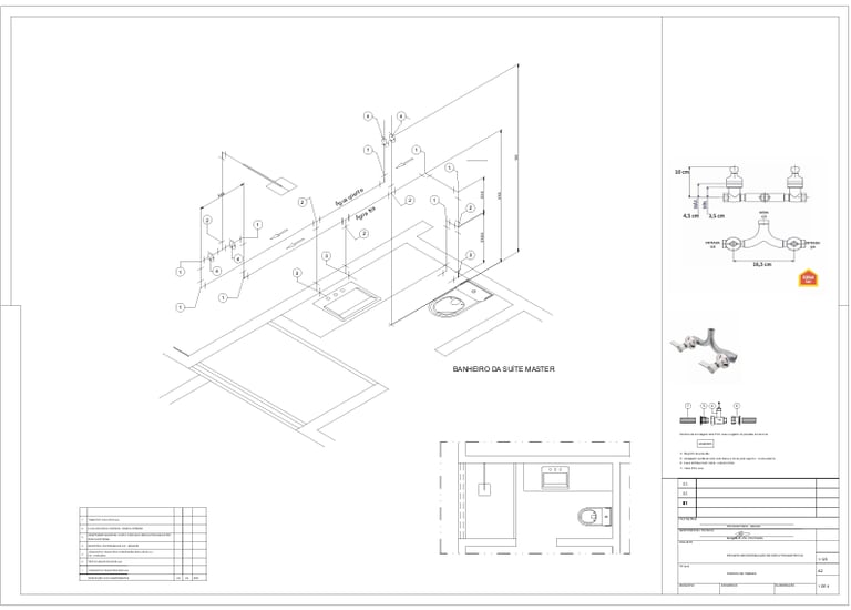 Banheiro da suíte master: vista explodida 3D das tubulações, planta e especificação de metais.