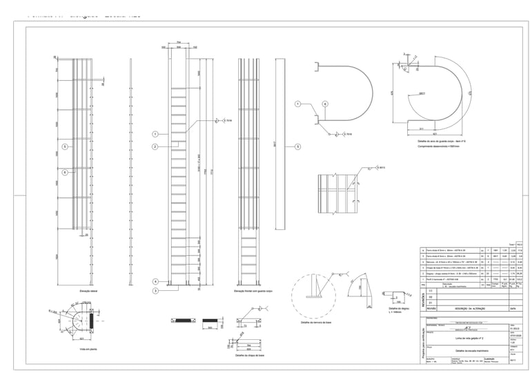 Escada marinheiro metálica com guarda‑corpo: vistas, planta e detalhes de nervura e base.