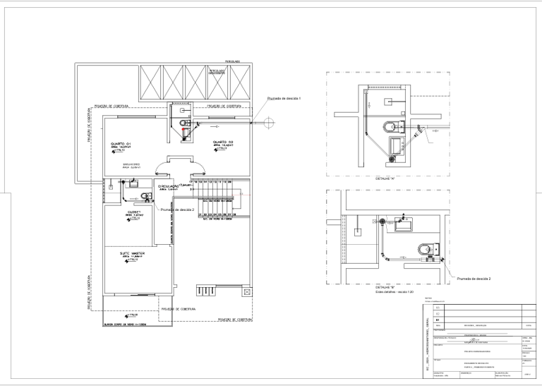 Planta residencial com instalações hidráulicas e sanitárias, pontos de descida e circulação.