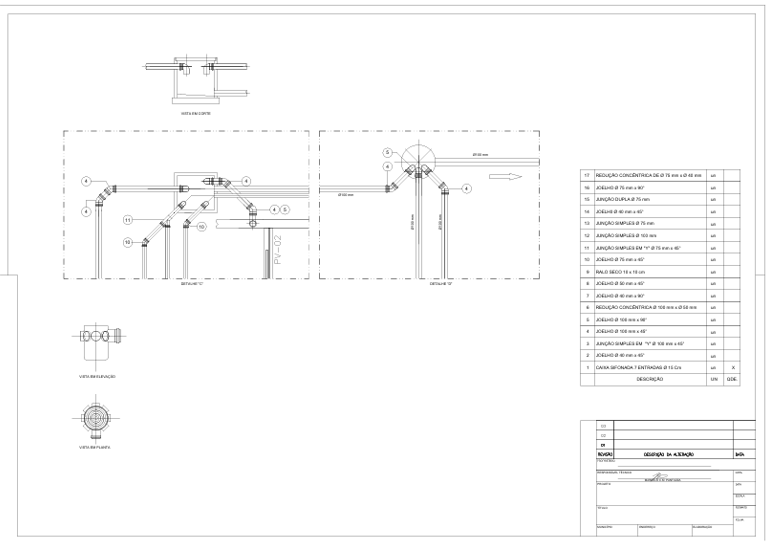 Detalhamento de rede hidráulica: cortes, planta, conexões, reduções, junções e lista de materiais.